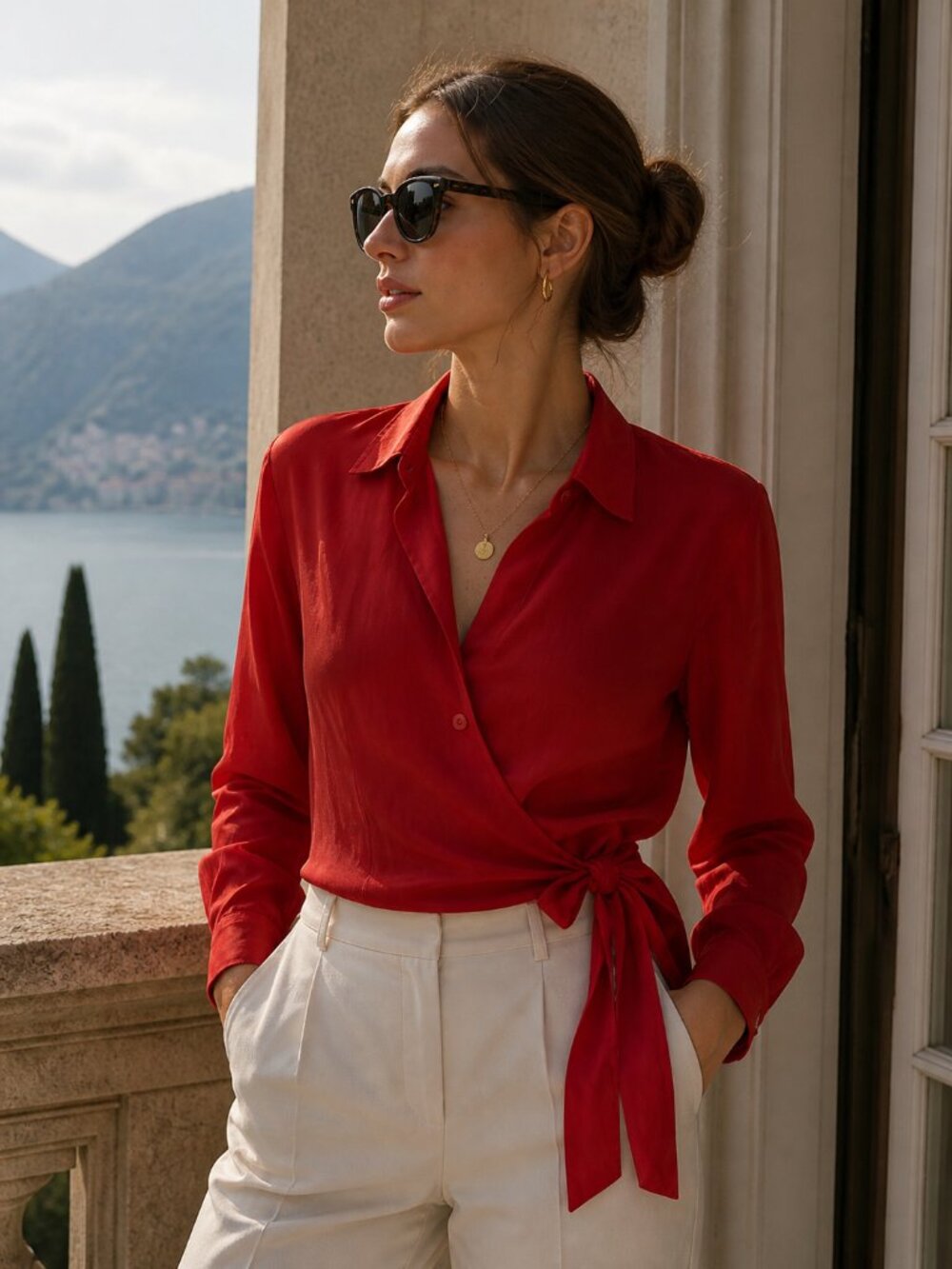 Red 100% Silk Wrap Blouse Women M Long Sleeve Tie Waist Lightweight Top